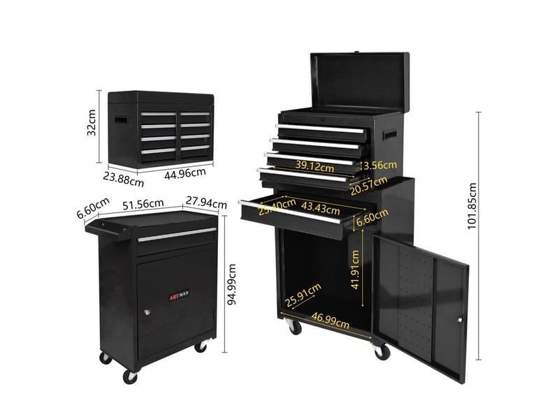  Armoire à outils en métal - 5 tiroirs - roulettes - étagères amovibles - noir - capacité totale 100 kg 58.5x28x102cm - Conforama D