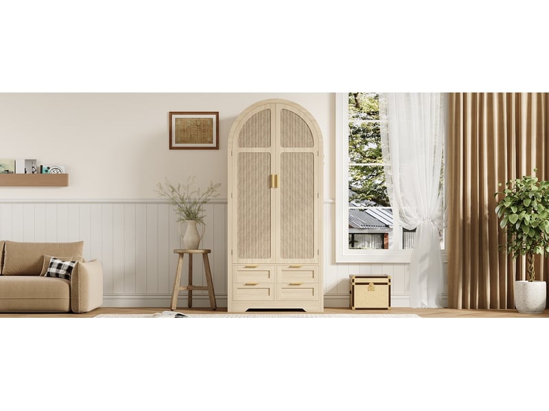  Armoire 80 x 50 x 180 cm avec penderie et quatre tiroirs, deux portes courbées en rotin, mdf, coloris chêne  - Conforama D