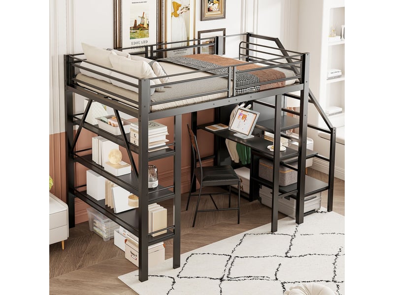  Lit mezzanine 140x200 cm avec bureau, armoire et étagères - lit double - escalier sécurisé, cadre en métal noir, gain d'espace idéal  - Conforama B