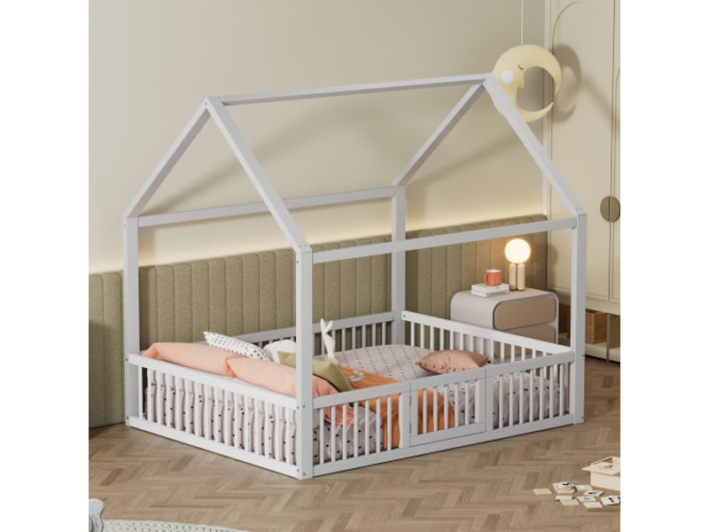  Lit cabane 140x200 cm, lit enfant avec barrière de sécurité, en bois, blanc, sans matelas  - Conforama C