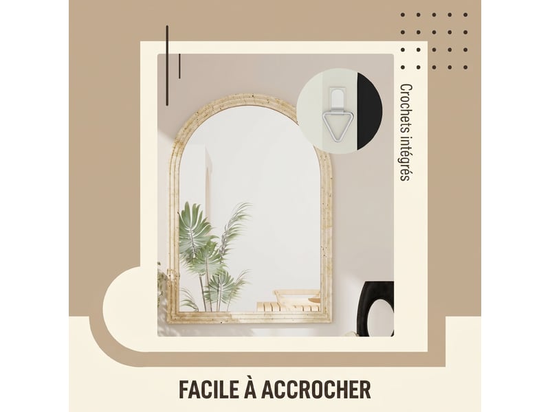  Miroir mural arqué, miroir moderne avec bord rainuré et crochets, verre trempé et polystyrène, 60 x 90 cm, beige  - Conforama E