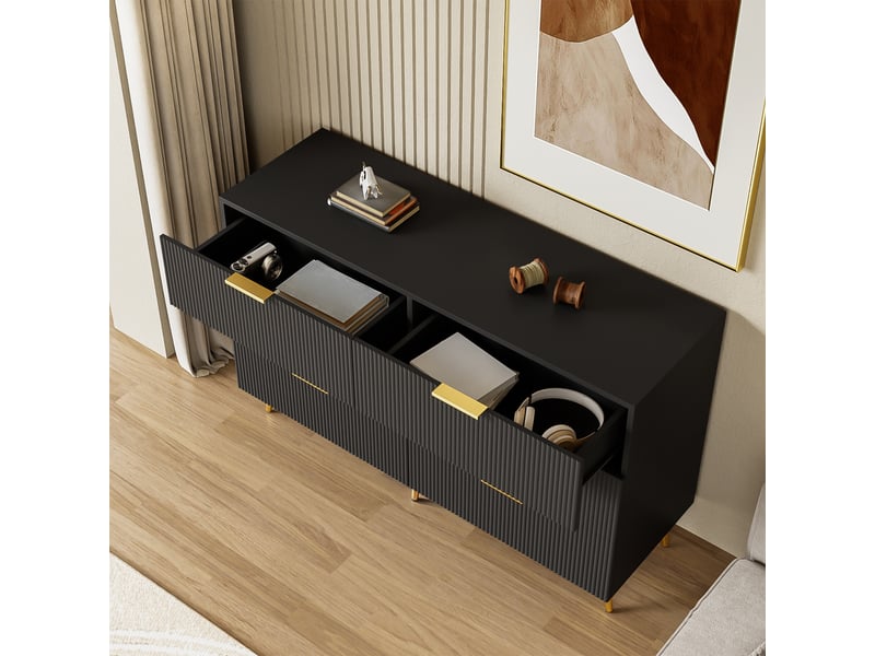  Buffet et enfilade avec 6 tiroirs, façades ondulées et pieds dorés en panneaux de particules 120×40×77 cm noir  - Conforama C