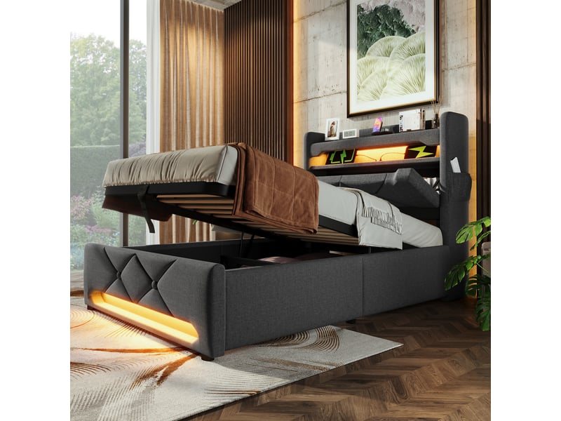  Lit simple capitonné 90x200 cm,lit coffre hydraulique,tête de lit avec led et ports usb type-c,lin,sans matelas,gris  - Conforama B