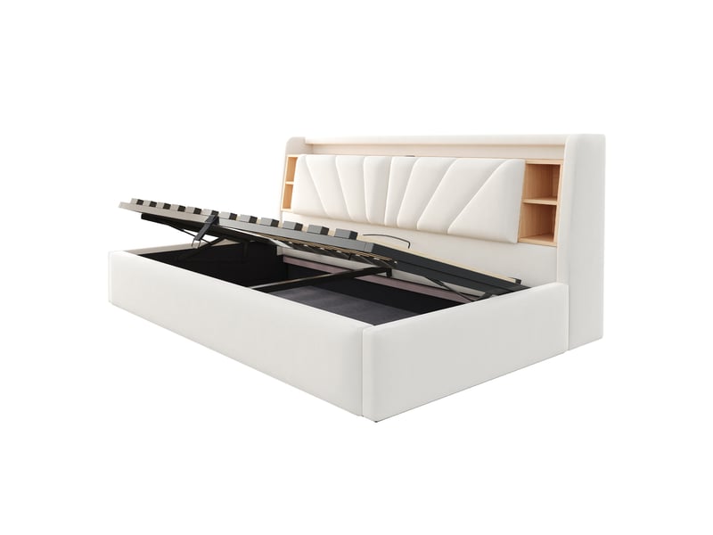  Lit banquette 90 × 200 cm, coffre hydraulique, led, usb, dossier avec étagères et rangements, velours beige doux  - Conforama E