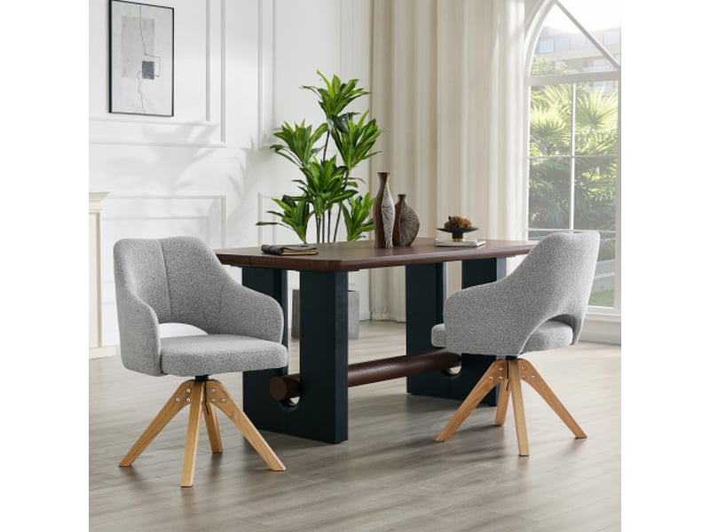  Lot de 2 chaises pivotantes chic rétro, tissu gris clair texturé, pieds bois massif, rotation 360° - salle à manger  - Conforama D