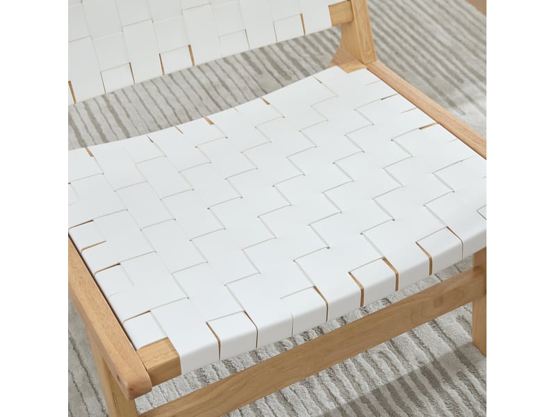 Fauteuil sans accoudoirs tressé à motif damier, structure en bois, assise basse pour intérieur et extérieur, pu blanc  - Conforama E
