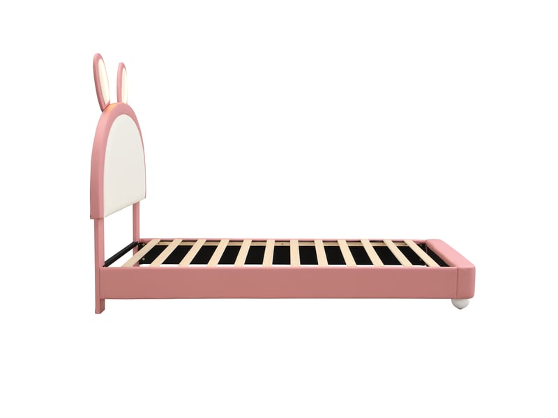  Lit capitonné, lit simple, tête de lit en forme de lapin, avec bande lumineuse led, bordure en mousse anti-choc, cadre de lit robuste, pu + contreplaqué, rose + blanc, 90 x 200 cm  - Conforama E
