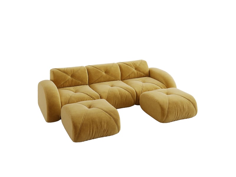 Canapé modulaire en u avec 2 poufs, assise en mousse dense et tissu chenille pour salon, jaune - Conforama A