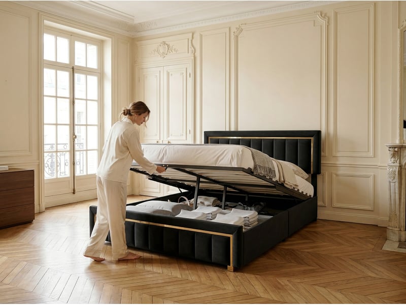  Lit coffre 160x200 cm - tiroirs et led rgb - lit velours - usb type-c - tête de lit avec rangement  - Conforama E
