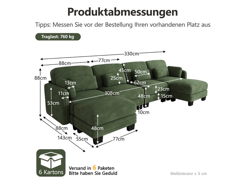Canapé modulable 4 places modenvie en u avec 2 poufs, assise large et profonde, revêtement en chenille, 330 x 143 x 88 cm, vert - Conforama C