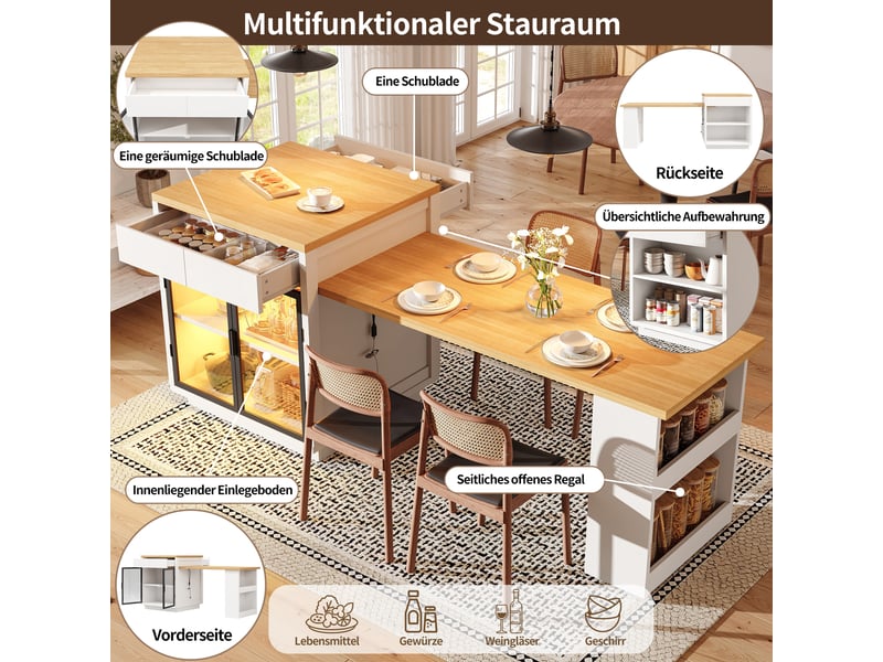  Îlot de cuisine 194.5x70x94 cm - éclairage led - extensible - 6 places - 2 à 6 personnes - grand rangement - portes vitrées - 2 tiroirs - blanc CozyNest - Conforama E