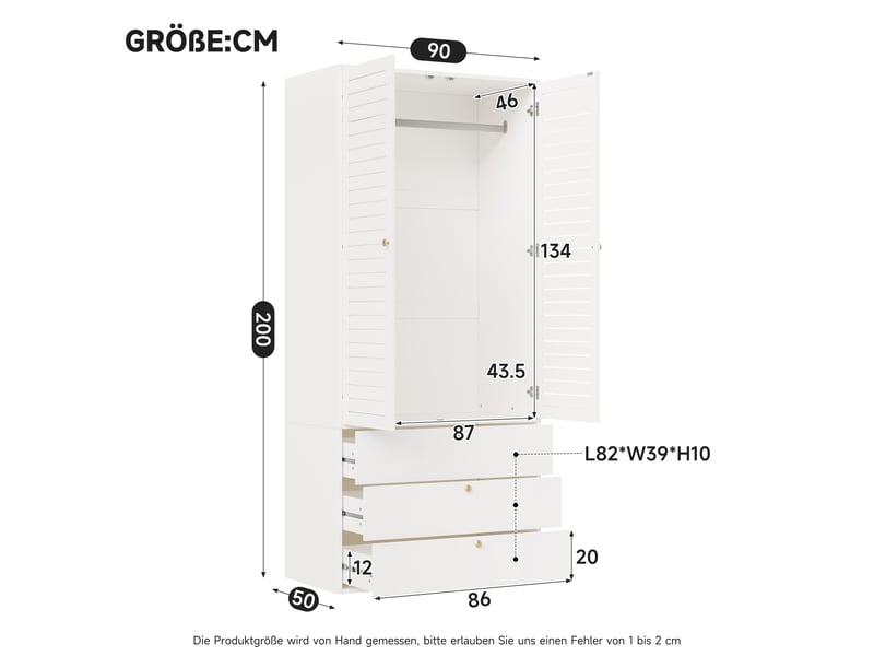Armoire haute 2 portes 90 x 50 x 200 cm, portes à lames, tringle, 3 tiroirs, pour chambre, panneaux de particules, blanc OMNIGLINT TRADING LTD - Conforama D