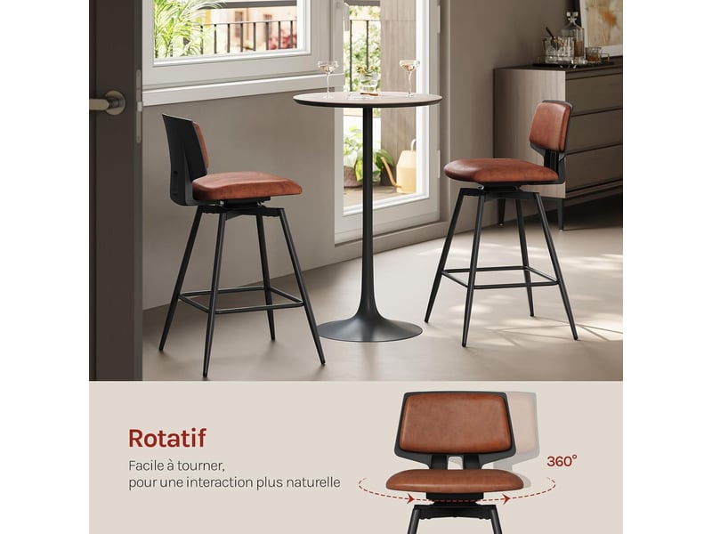  Lot de 2 tabourets bar pivotantes à 360°, structure métallique, en similicuir brillant, marron  - Conforama E