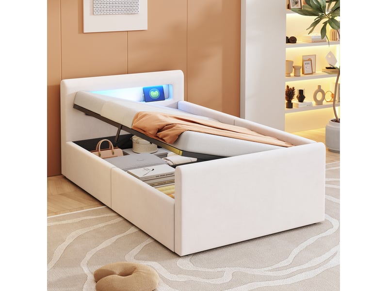  Lit enfant rembourré 90 x 200 cm beige avec led, usb et rangement hydraulique  - Conforama C