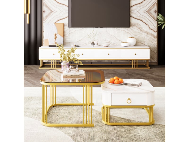  Table basse empilable en duo – plateau verre brun-taupe, effet marbre brillant, accents dorés, tiroirs – set de 2  - Conforama E