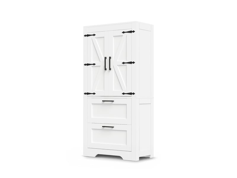  Armoire de cuisine blanche style campagne avec 2 tiroirs et étagères réglables, 60x30x128cm  - Conforama B