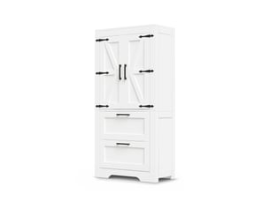 Armoire de cuisine blanche style campagne avec 2 tiroirs et étagères réglables, 60x30x128cm