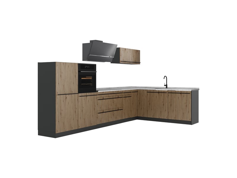 Vicco cuisine en angle, chêne artisananthracite, 347 x cm plan de travail marbre  - Conforama A