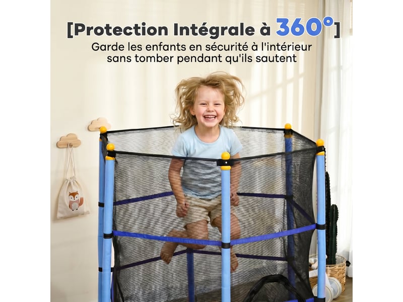  Trampoline enfant ø 1,63 × 1,9h m filet de sécurité porte zipée couvre-ressorts 6 poteaux rembourrés inclus bleu  - Conforama R