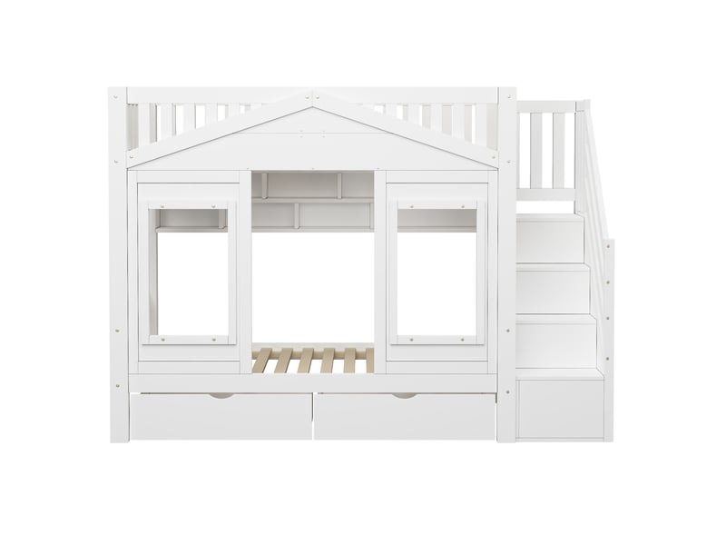 Lit superposé enfant 90x200 en pin, structure maison avec échelle de stockage et barrière - Conforama W