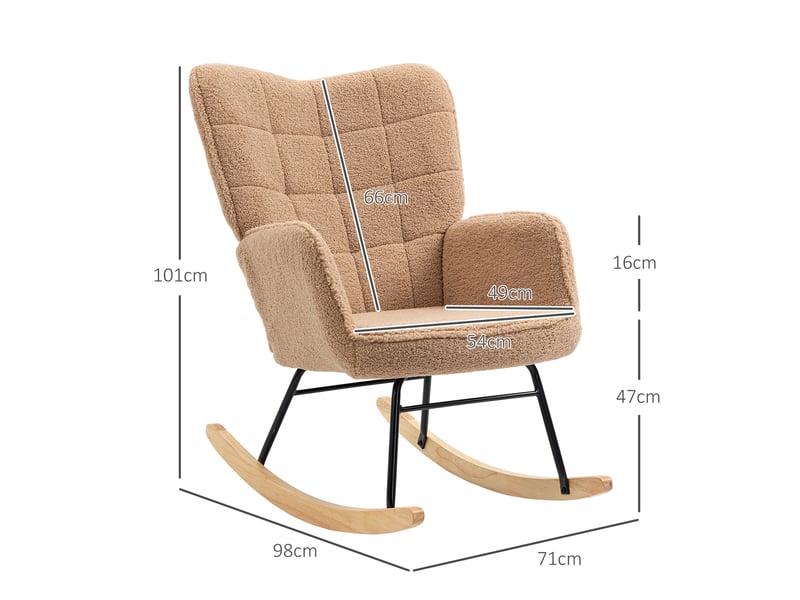  Fauteuil à bascule avec dossier haut incliné et accoudoirs, assise rembourrée en polyester effet laine bouclée marron  - Conforama D