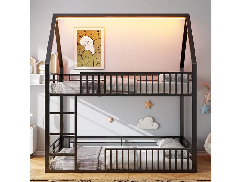  Lit enfant 140x200 garde-corps clôture led 7 couleurs métal robuste montage facile noir 1 sommier sans matelas  - Conforama D