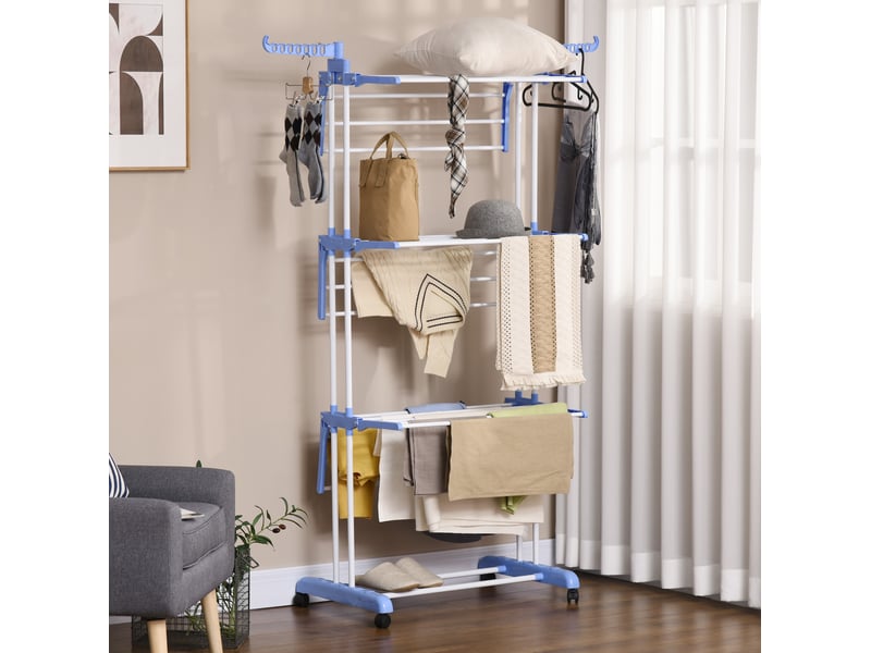 Etendoir à linge tour 73 x 64 x 177 cm – bleu – 4 niveaux extensibles avec roulettes pour intérieur et extérieur - Conforama B