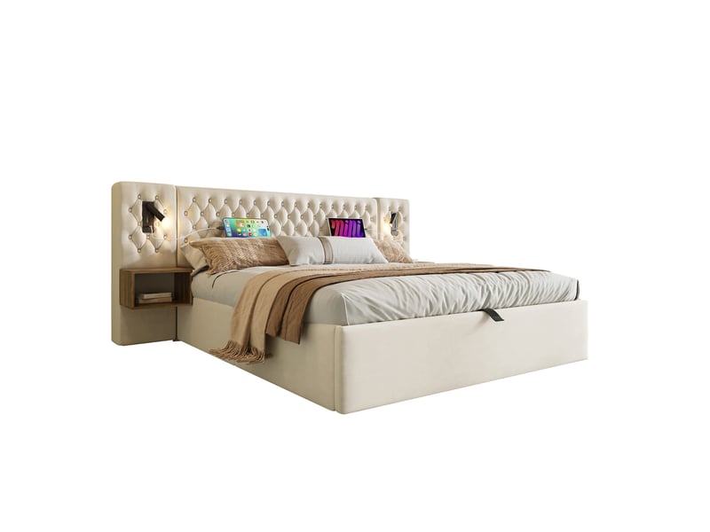 Lit coffre,160x200 cm,avec matelas, 2 chevets, usb et lampes,velours,beige - Conforama A