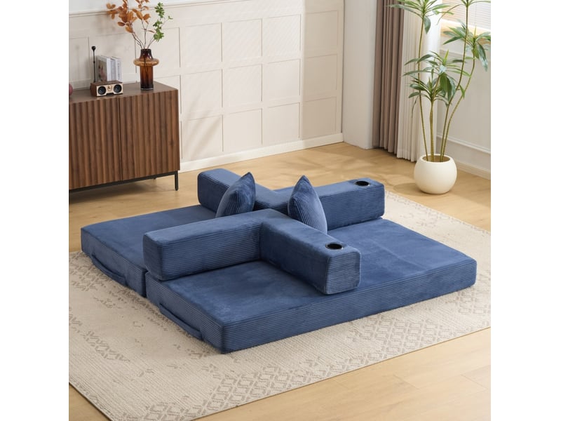  Canapé convertible au sol avec accoudoirs pliables, porte-gobelets et poches latérales en velours côtelé bleu foncé  - Conforama D