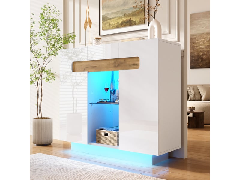  Buffet led blanc et bois 120 cm façades brillantes avec étagères en verre  - Conforama E