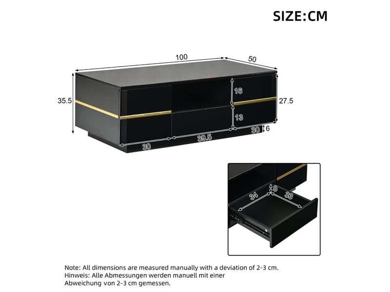  Table basse 100x50x35.5 cm - led intégrée - 2 portes à charnières - tiroir - tablette semi-ouverte - convertible - noir et or ABC - Conforama C