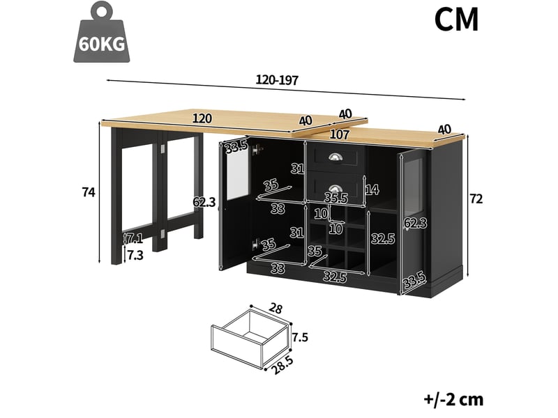  Buffet extensible 120-197x40x72 cm noir en mdf, pivotant 360°, rangement avec cave à vin  - Conforama C