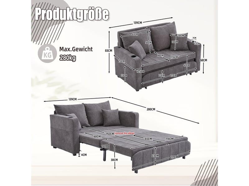  Canapé convertible lit gris chenille multifonctionnel avec rangement bras et usb pour salon moderne  - Conforama C