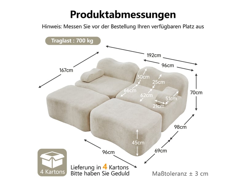  Canapé 2 places avec 2 poufs - 192x167x70 cm - canapé modulable double méridienne velours mousse 32d sans structure 700kg - beige  - Conforama E