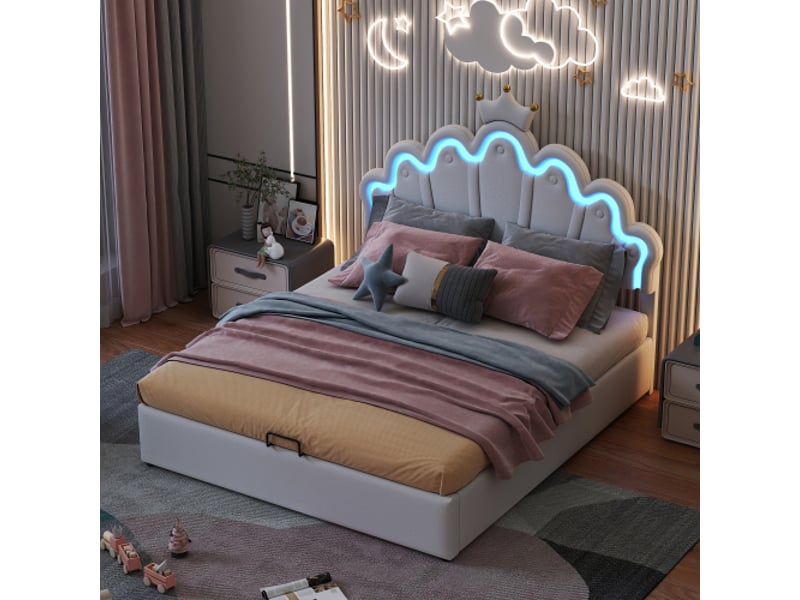  Lit coffre 140x200 cm, lit double avec rangement et éclairage led réglable, en cuir artificiel, blanc, sans matelas  - Conforama C