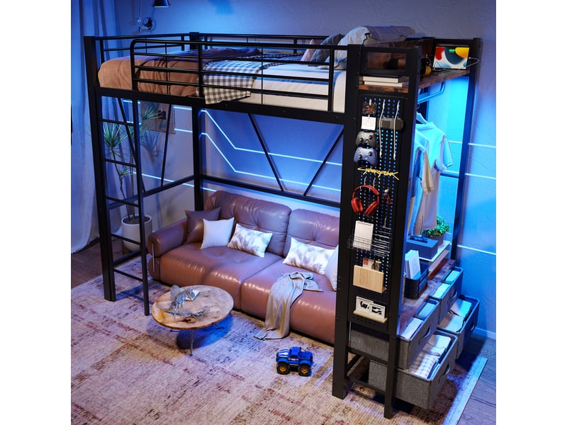 Lit mezzanine 90 x 200 cm, fer, étendoir, étagères, 4 tiroirs, usbtype-c, led, rambarde, échelle, panneau, noir, sans matelas - Conforama B