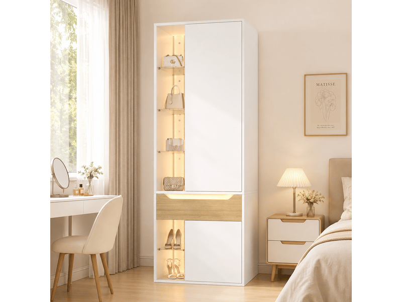 Armoire penderie vitrine 75x50x200 cm - 1 tiroir - 6 cases ouvertes - 2 led - mdf et verre - blanc CozyNest - Conforama B
