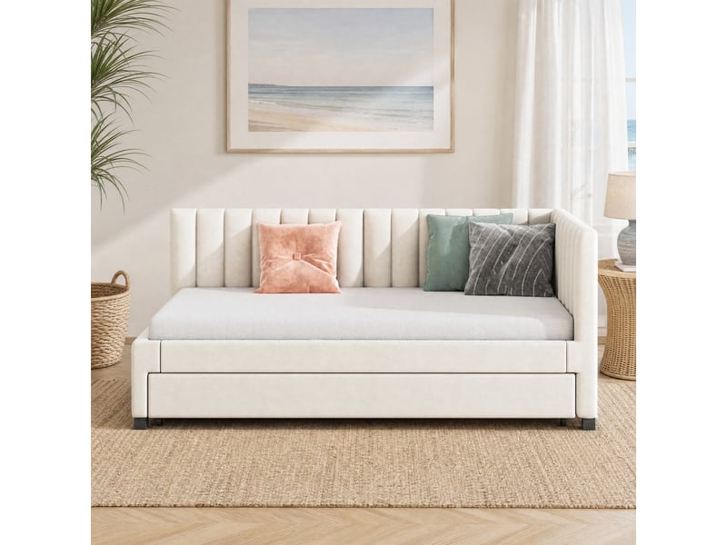  Lit banquette 90x200 cm avec lit gigogne et sommier à lattes, velours beige  - Conforama D