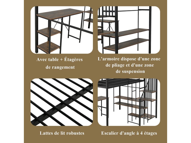  Lit superposé enfant 120x200, escalier rangement sécurisé lit enfant, bureau, étagères, penderie, structure métal, bois vintage  - Conforama E