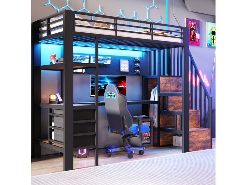  Lit mezzanine 90x200 cm avec bureau, rangements et led noir  - Conforama E