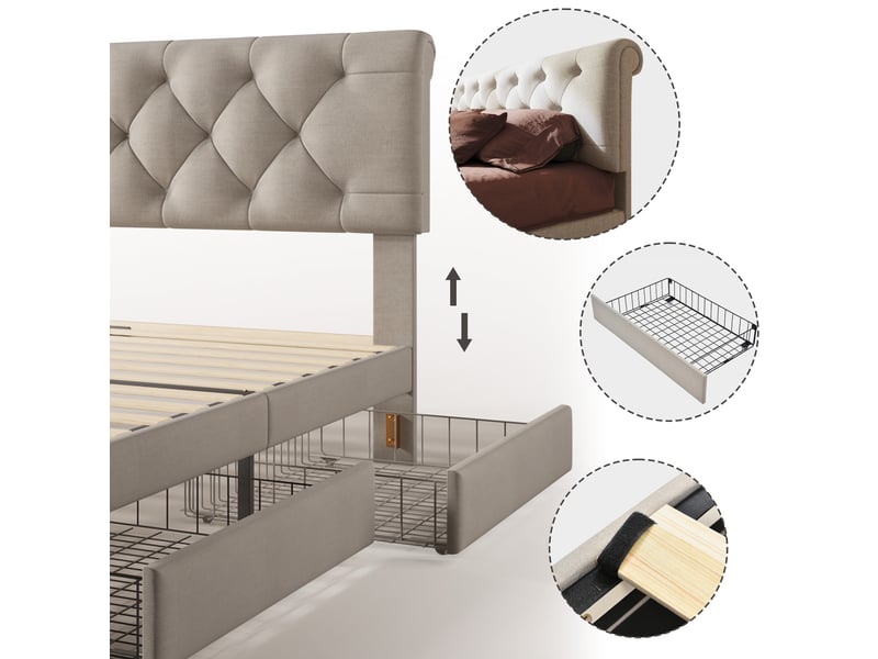 Lit simple chesterfield 90x200 cm avec rangements et 2 tiroirs, lin, naturel, sans matelas - Conforama E