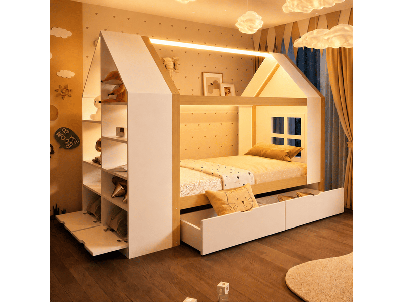  Lit cabane 90x200 cm, lit enfant, 2 tiroirs, led, bois naturel et blanc, forme maison  - Conforama C