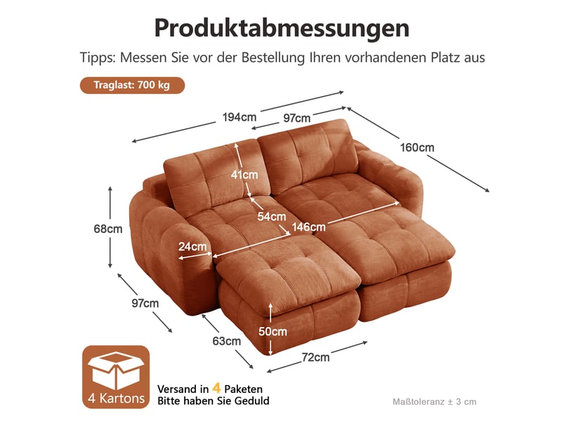 Canapé modulaire 2 places sans cadre avec 2 ottomanes et assise profonde, revêtement en chenille orange - Conforama C