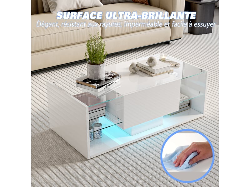 Table basse brillante avec led,table basse salon, table d'appoint, plateau en verre ,moderne,100 x 50 x 35 cm,blanc  - Conforama E