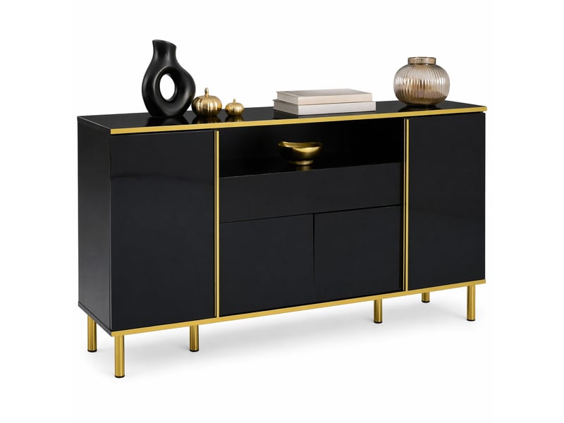  Buffet bas 150x40x80 cm noir brillant en mdf et panneaux de particules, 4 portes, 1 tiroir avec led  - Conforama A