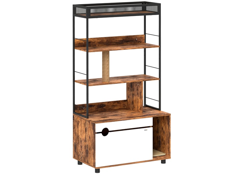 Meuble cache-litière 2-en-1 80x48x152 cm,avec étagère 3 niveaux, poteau à griffer et porte rabattable, brun rustique - Conforama A