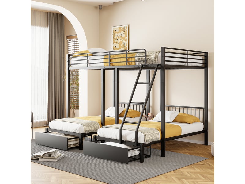  Lit superposé triple convertible, métal noir, 140x200 + 2 couchages 90x200, avec tiroirs  - Conforama B
