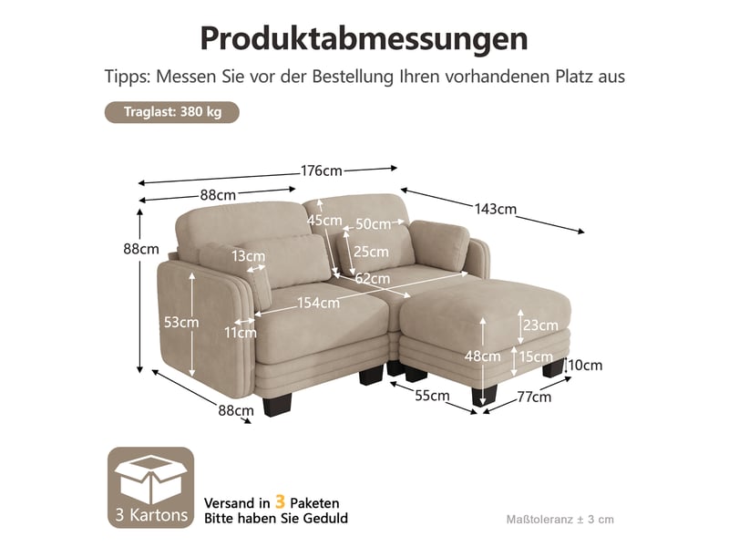  Canapé d'angle modulable - 2 places - forme l - 1 ottoman - coussins d'accoudoirs - tissu chenille - mobilier de salon - brun clair CozyNest - Conforama D