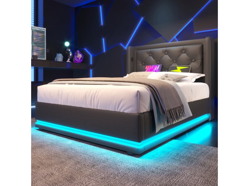  Lit coffre 90x200 cm, lit simple avec chargement usb, éclairage led et fonction de rangement, en pu noir, sans matelas  - Conforama C