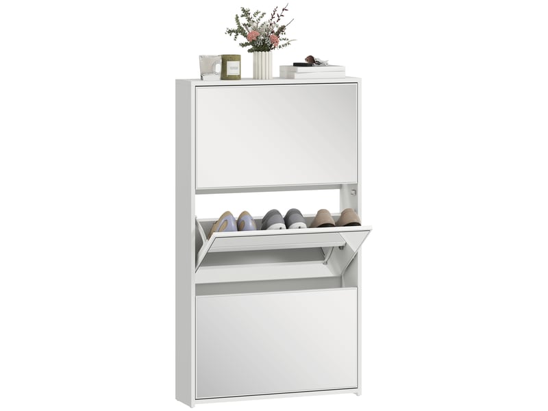  Meuble à chaussures d'entrée avec 3 portes et miroir, étagère à chaussures étroite pour 9 paires de chaussures, 65 x 17 x 114,5 cm, blanc  - Conforama A